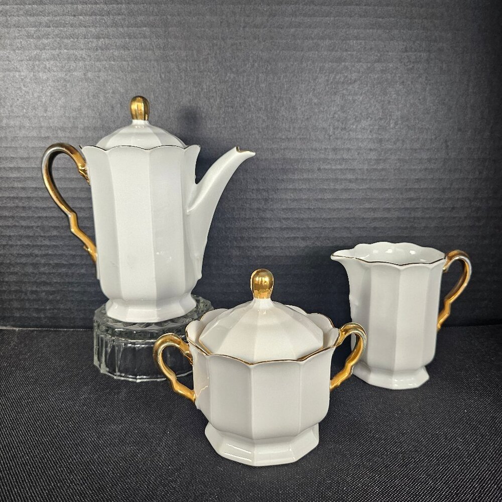 Vintage Fine Porcelain German 3 Piece White Tea Set 10 Panel Scalloped Edge